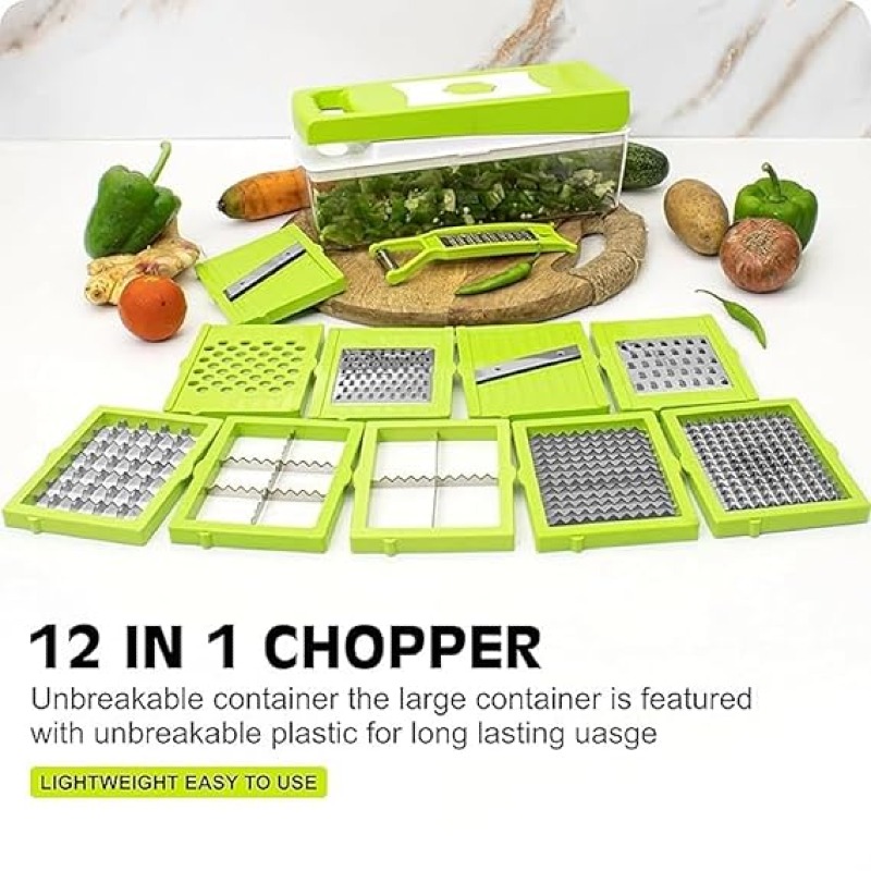 12 in 1 Multipurpose Vegetable & Fruit Chopper – Food Grade Unbreakable Body with Grater, Peeler, Slicer, Dicer, Easy-Clean Push Button