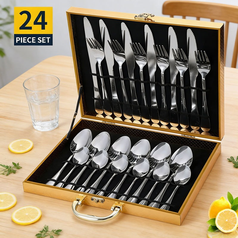 24-Piece 1010 Stainless Steel Flatware Set Luxury Western Steak Knife Fork Spoon Gold Plated Gift Tablewares Set