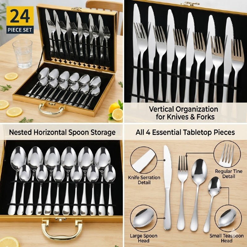 24-Piece 1010 Stainless Steel Flatware Set Luxury Western Steak Knife Fork Spoon Gold Plated Gift Tablewares Set