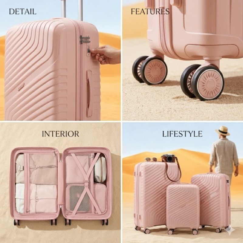Hard Shell Luggage Set 3 Piece Waterproof PP Material Polyester Carry-On Suitcases Wholesale PP Material 