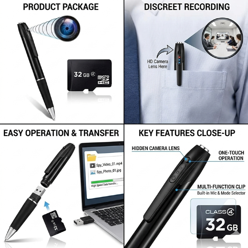 Hidden Camera Pen with Free 32GB Sd Card Spy Pen 1080P Full HD Video Audio Recording Indoor Outdoor Mini Cam for Home Security, Business & Learning