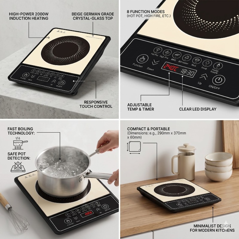 Portable Induction Cooker Black Electric Hot Plate Burner Without Gas for Outdoor Camping