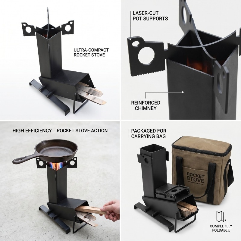 Portable High-Efficient Rocket Stove Wood-Burning Cook Stove for Outdoor Use Free-Standing Installation